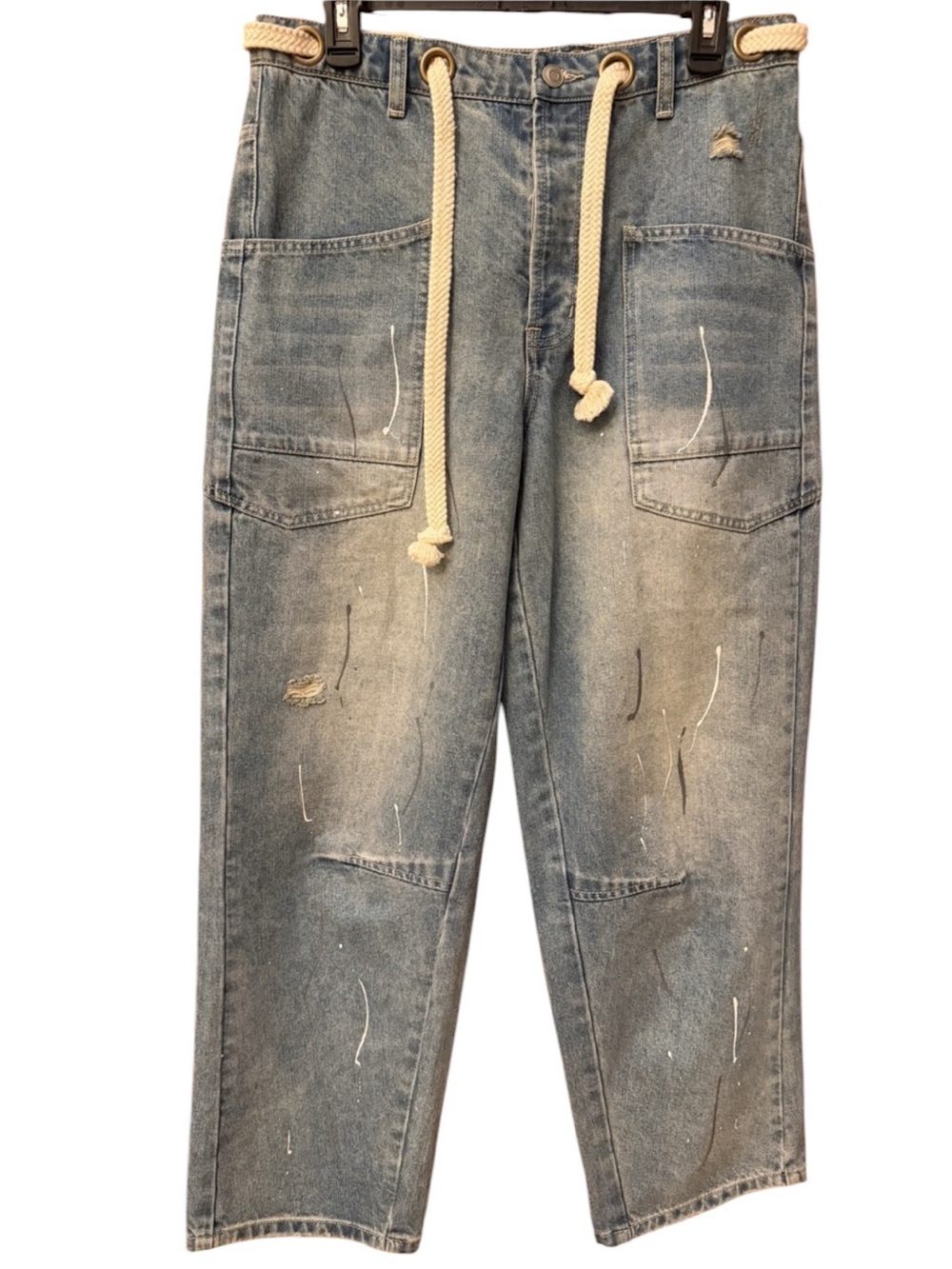 Vintage Wash Paint Drip Tapered Wide Leg Denim Pants size large
